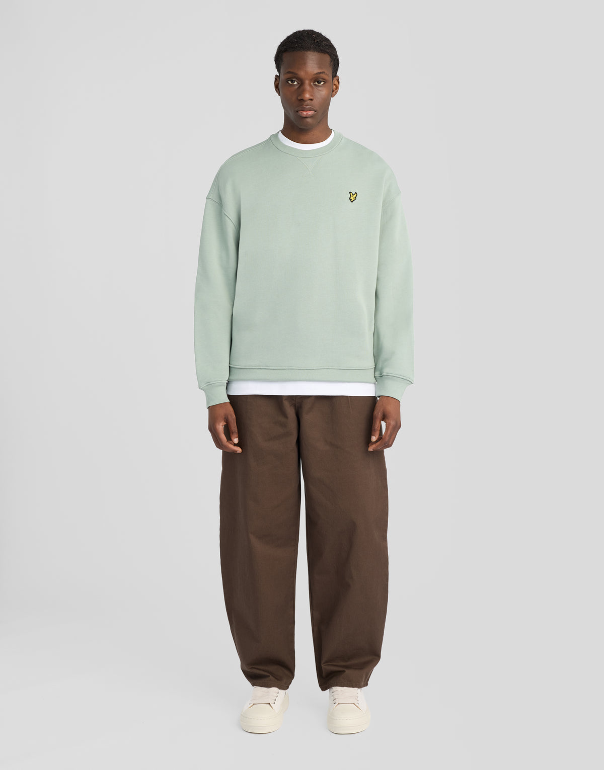 Man wearing Heavyweight Crew Neck Sweatshirt in Slate Shadow Grey