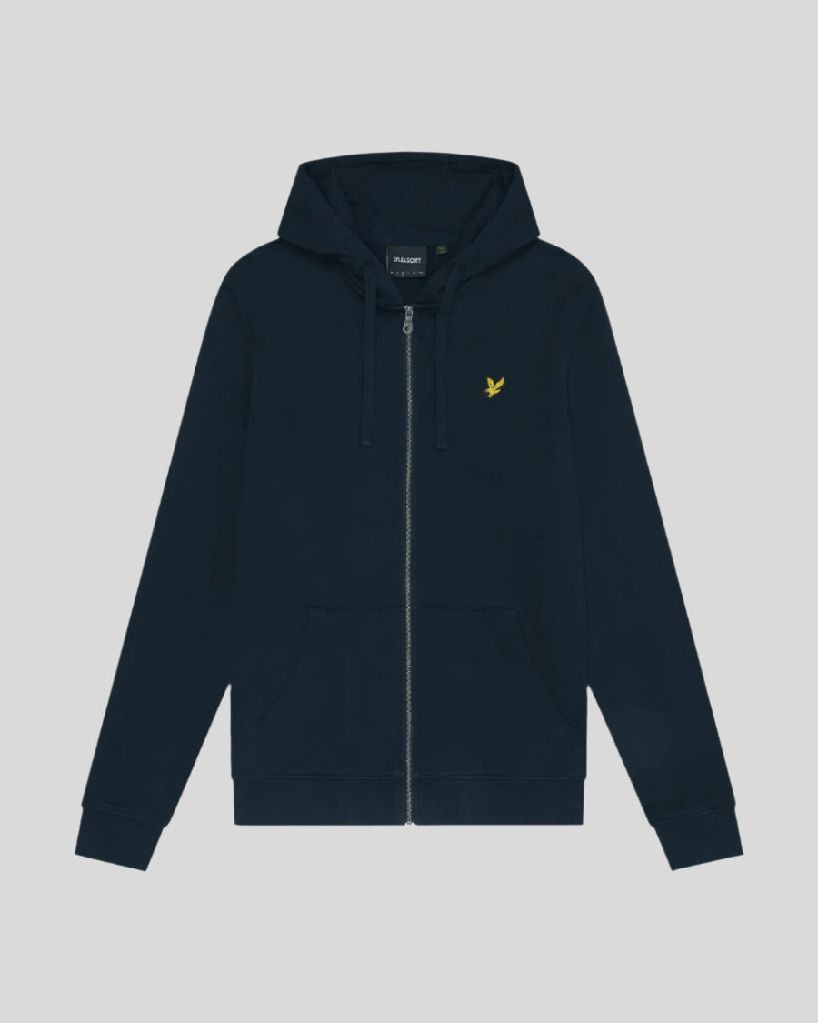 Homme portant un sweat à capuche en coton Loopback à fermeture éclair intégrale, couleur bleu marine foncé