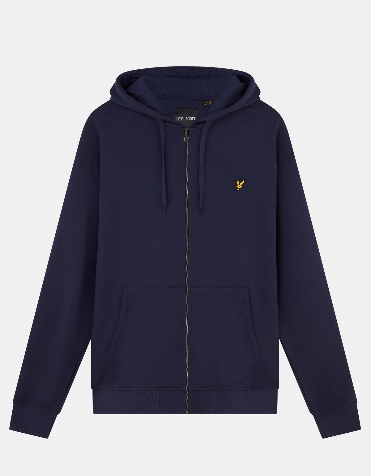 Homme portant un sweat à capuche en coton Loopback à fermeture éclair intégrale, couleur bleu marine