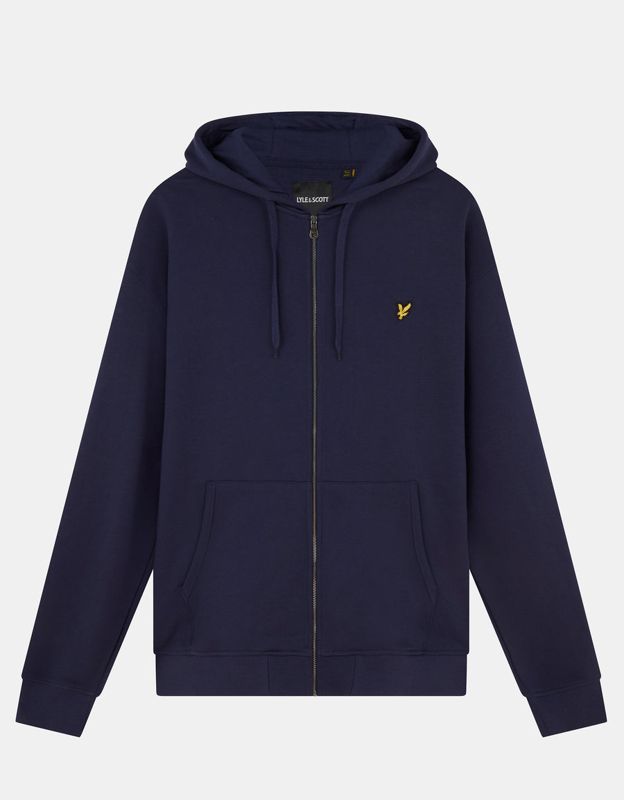 Homme portant un sweat à capuche en coton Loopback à fermeture éclair intégrale, couleur bleu marine