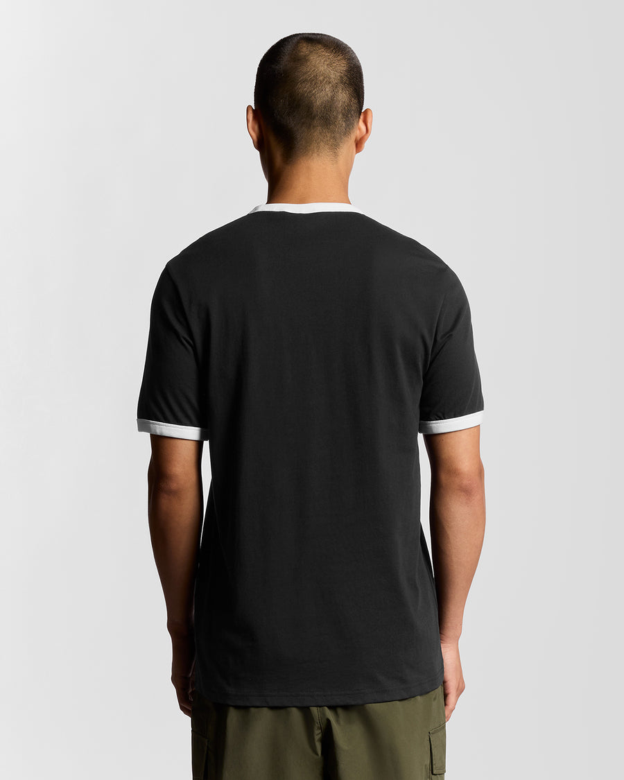 T-shirt à col rond en coton à bordures contrastées pour homme, noir de jais/blanc