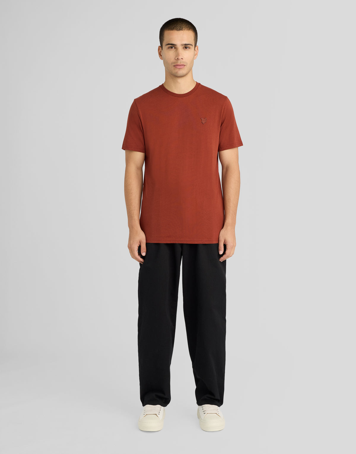 Man wearing Superfine Cotton T-Shirt in Saddle Auburn