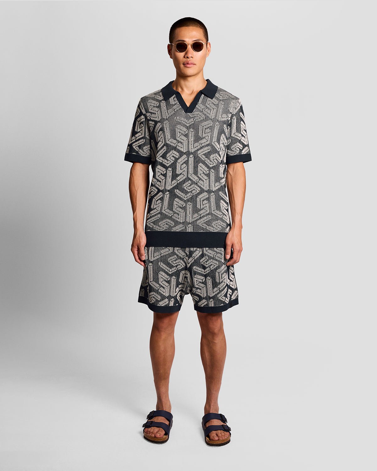 Polo en maille côtelée Emblem pour homme, bleu marine foncé/gris cendré