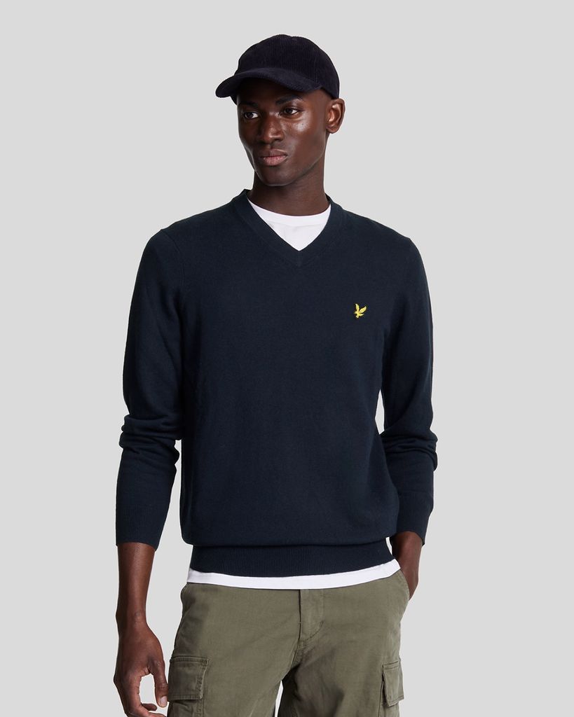 Uomo con maglione in cotone e lana merino con scollo a V, blu scuro