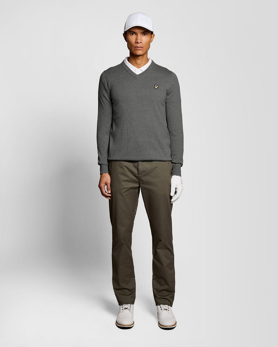 Pull à col en V en coton mélangé, gris chiné moyen, pour homme