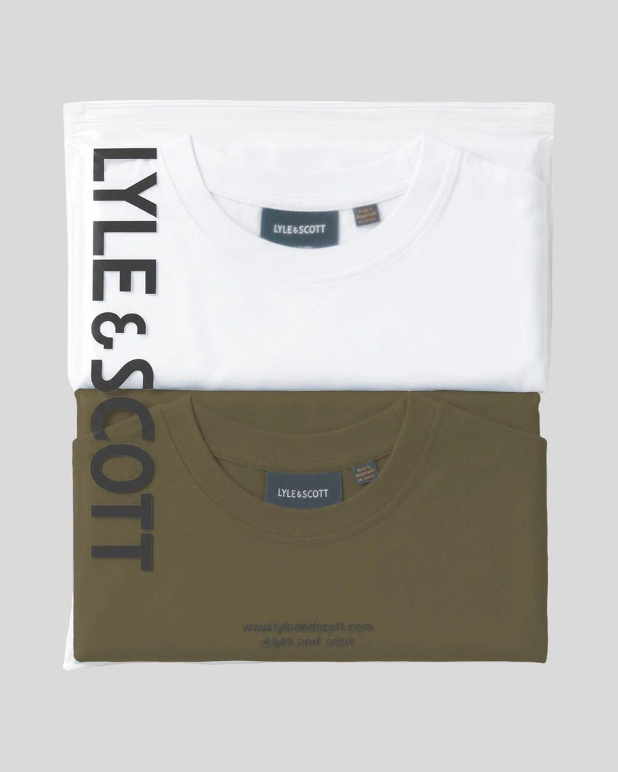 Boy wears Crew Neck Kidswear 2-Pack T-Shirt in Fatigue Olive/White