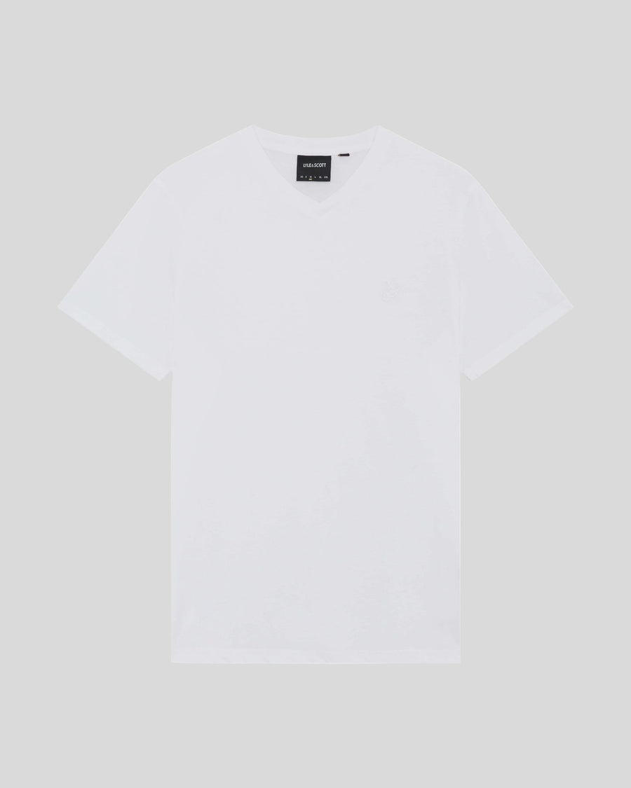 Man wears Superfine Cotton V-Neck T-Shirt in White