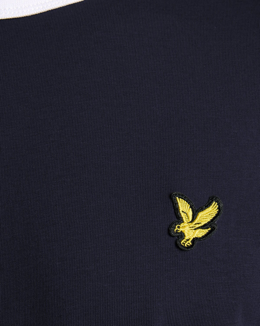 T-shirt à col rond en coton à bordures contrastées, bleu marine foncé et blanc