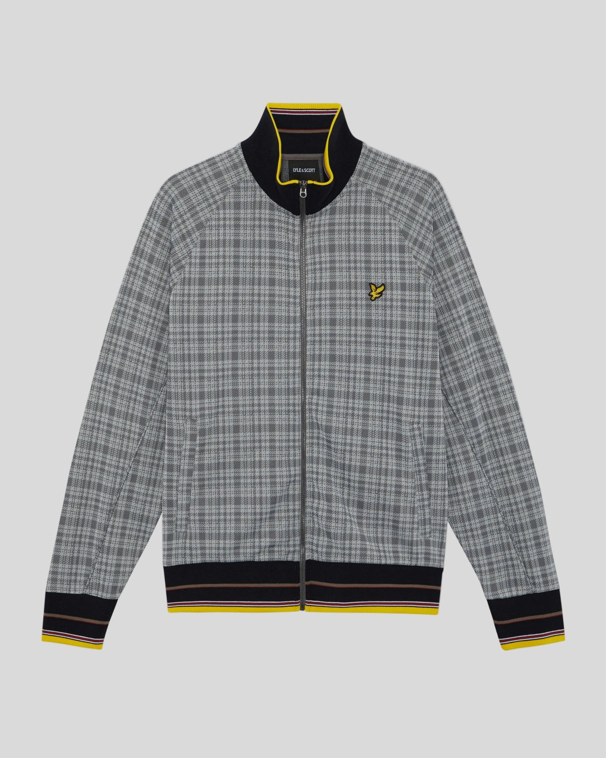 Man wears Hawick Cotton Check Track Jacket in Mid Grey Marl