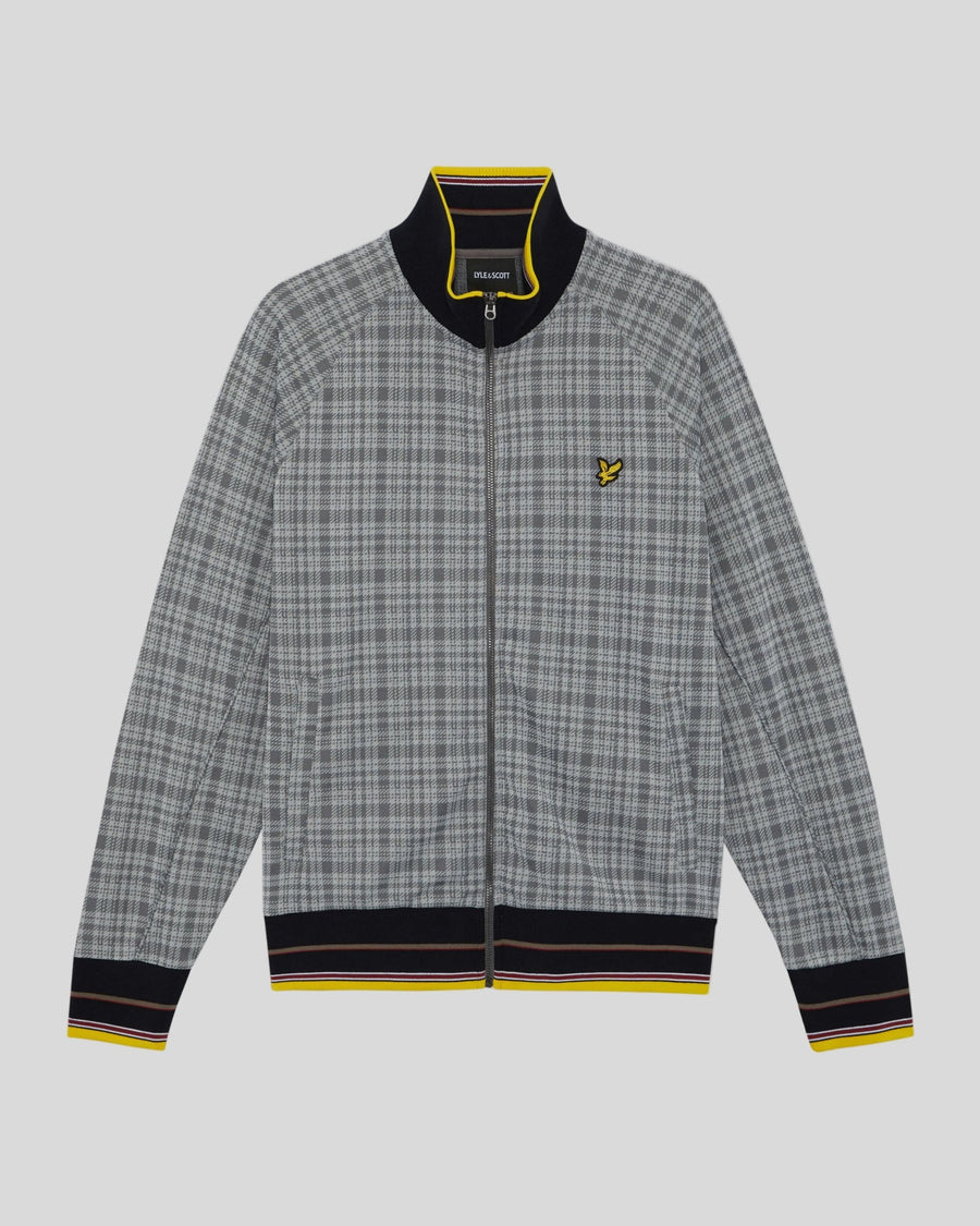 Man wears Hawick Cotton Check Track Jacket in Mid Grey Marl