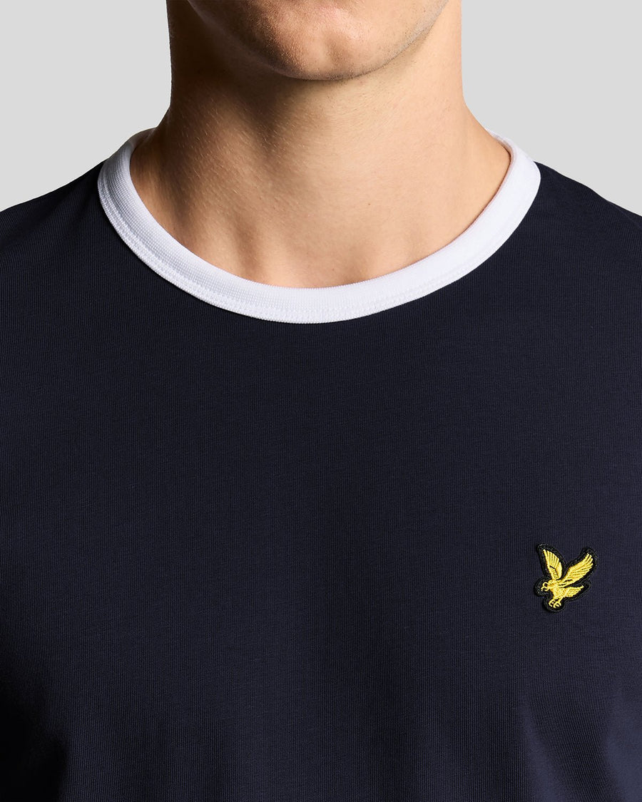T-shirt à col rond en coton à bordures contrastées, bleu marine foncé et blanc