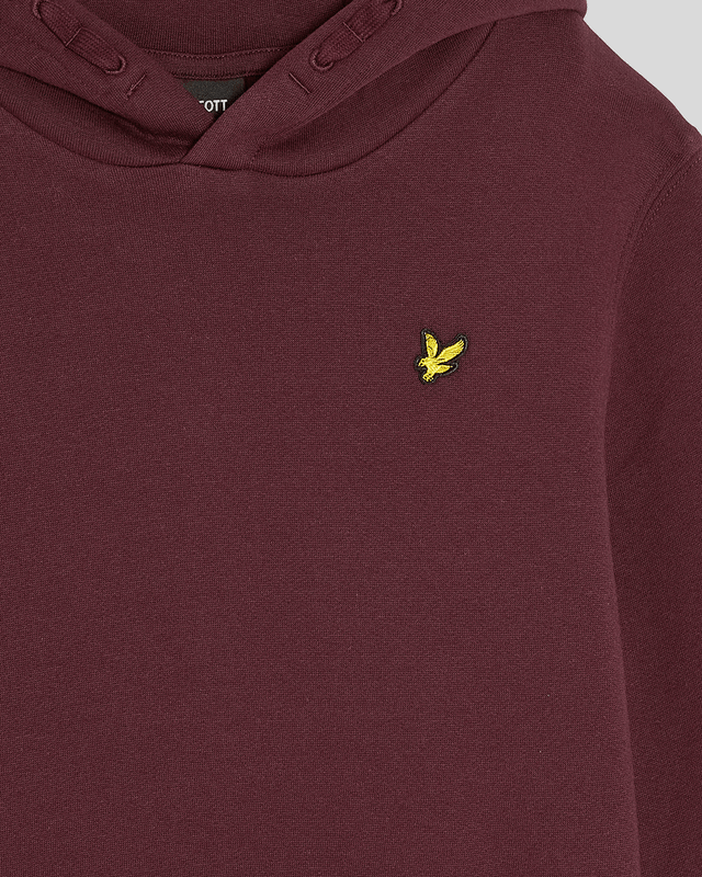 Il ragazzo indossa una felpa con cappuccio e collo a risvolto color bordeaux