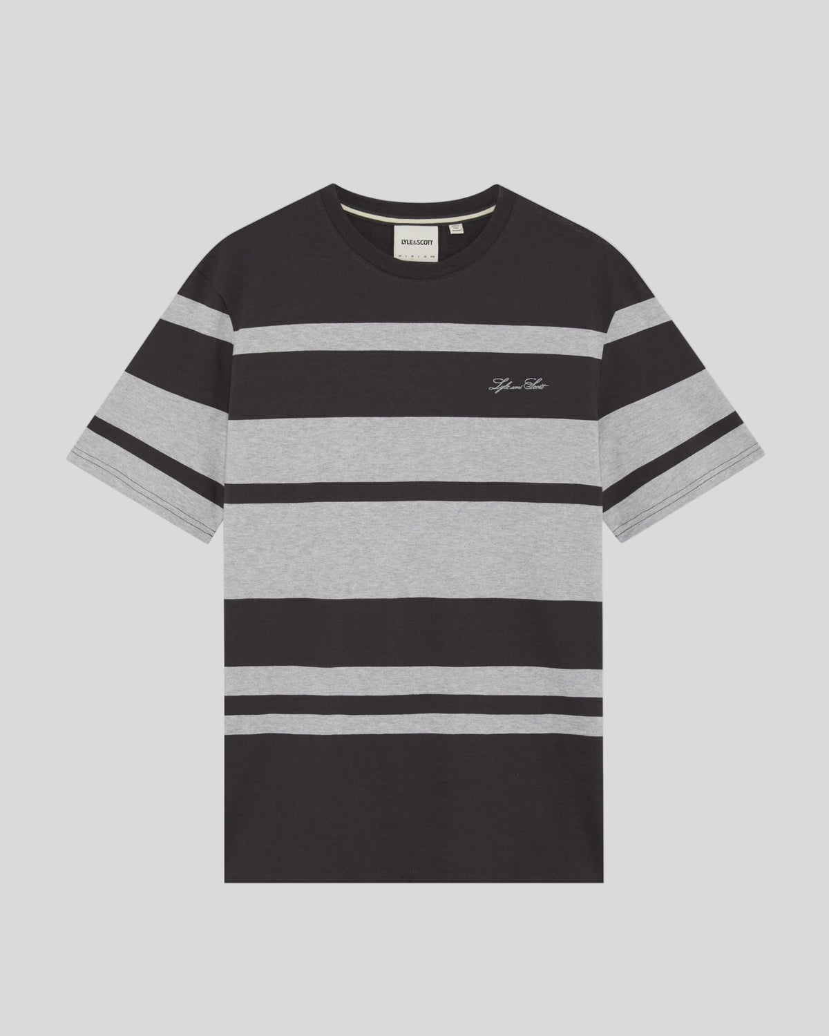 Man wears Relaxed Fit Stripe T-Shirt in Charcoal Grey/ Light Grey Marl