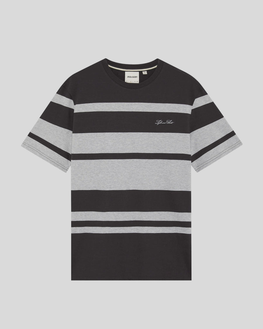 Man wears Relaxed Fit Stripe T-Shirt in Charcoal Grey/ Light Grey Marl