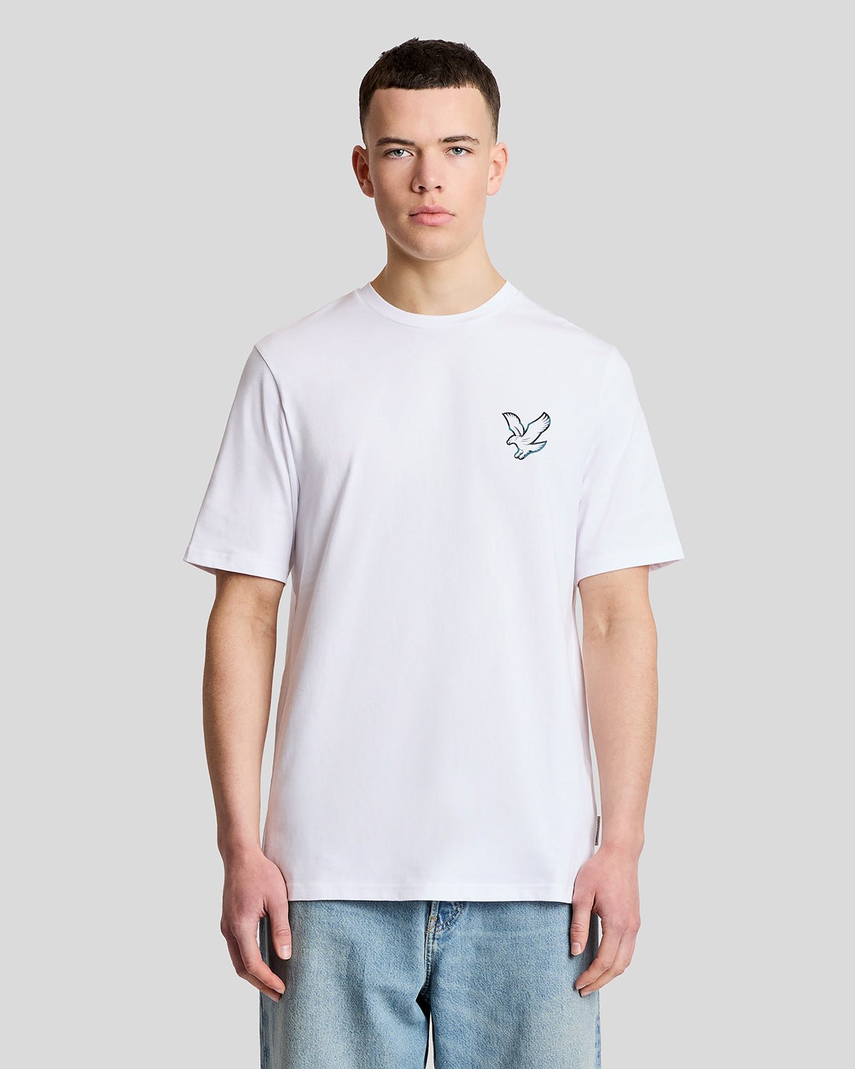 Homme portant un t-shirt à imprimé graphique dans le dos, blanc/lagune