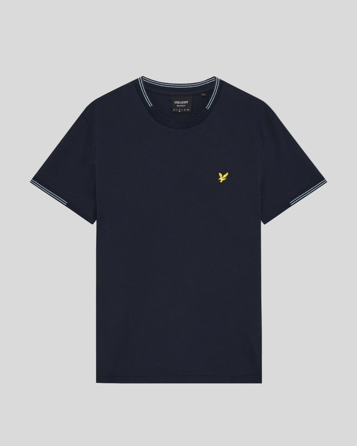 Homme portant un t-shirt en coton fin à bords contrastés, bleu marine foncé/bleu craie