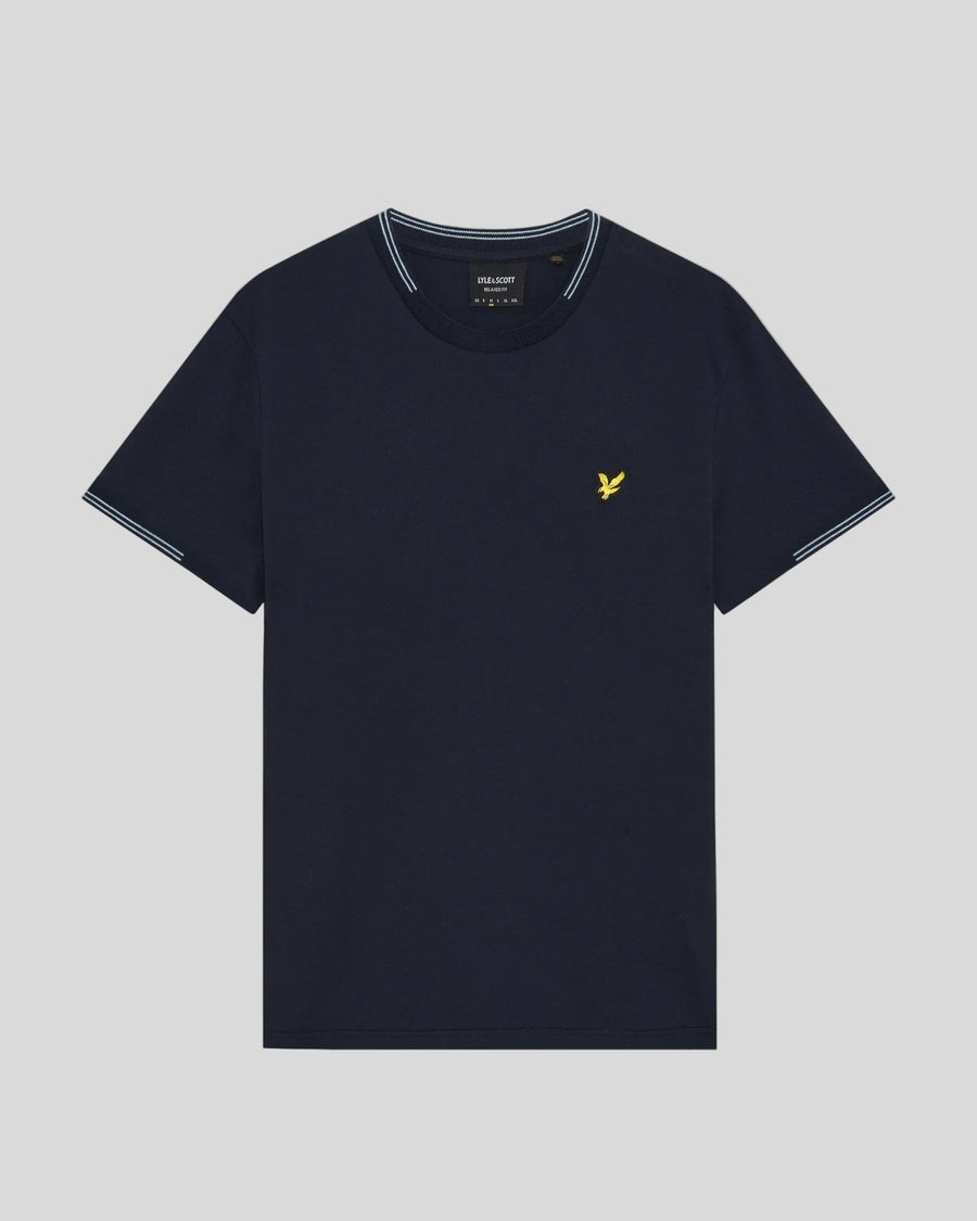 Homme portant un t-shirt en coton fin à bords contrastés, bleu marine foncé/bleu craie