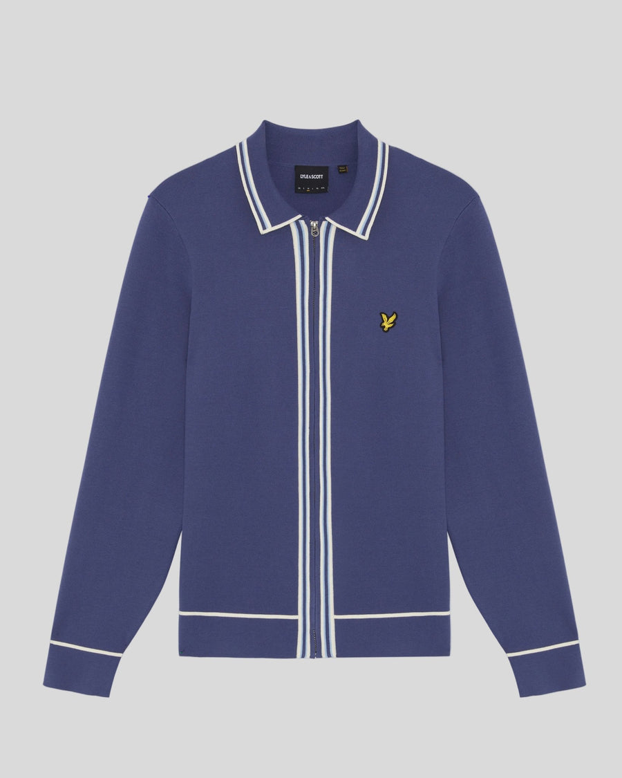 Uomo con maglione in maglia con zip integrale a contrasto in blu navy intenso