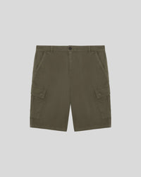 Man wears Cotton Cargo Shorts in Khaki Ash