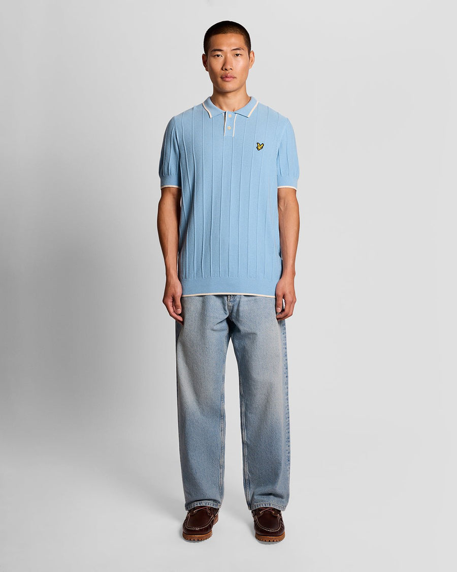 Homme portant un polo en maille piquée à rayures bleu craie