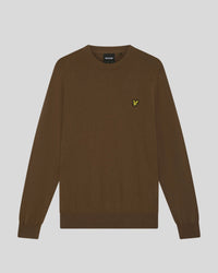 Man wears Cotton Merino Crew Neck Jumper in Sepia Brown
