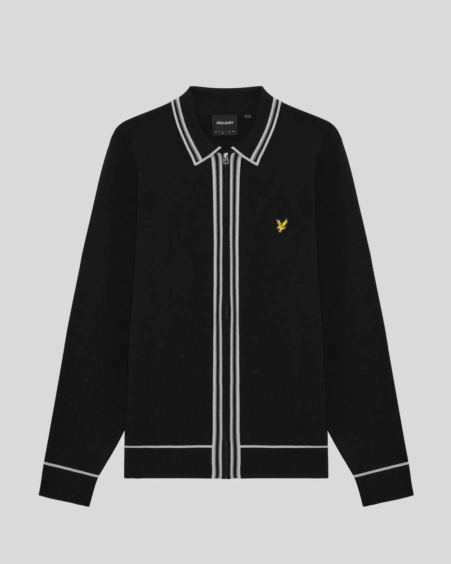 Pull en maille à fermeture éclair intégrale et bordures contrastées, couleur noir de jais