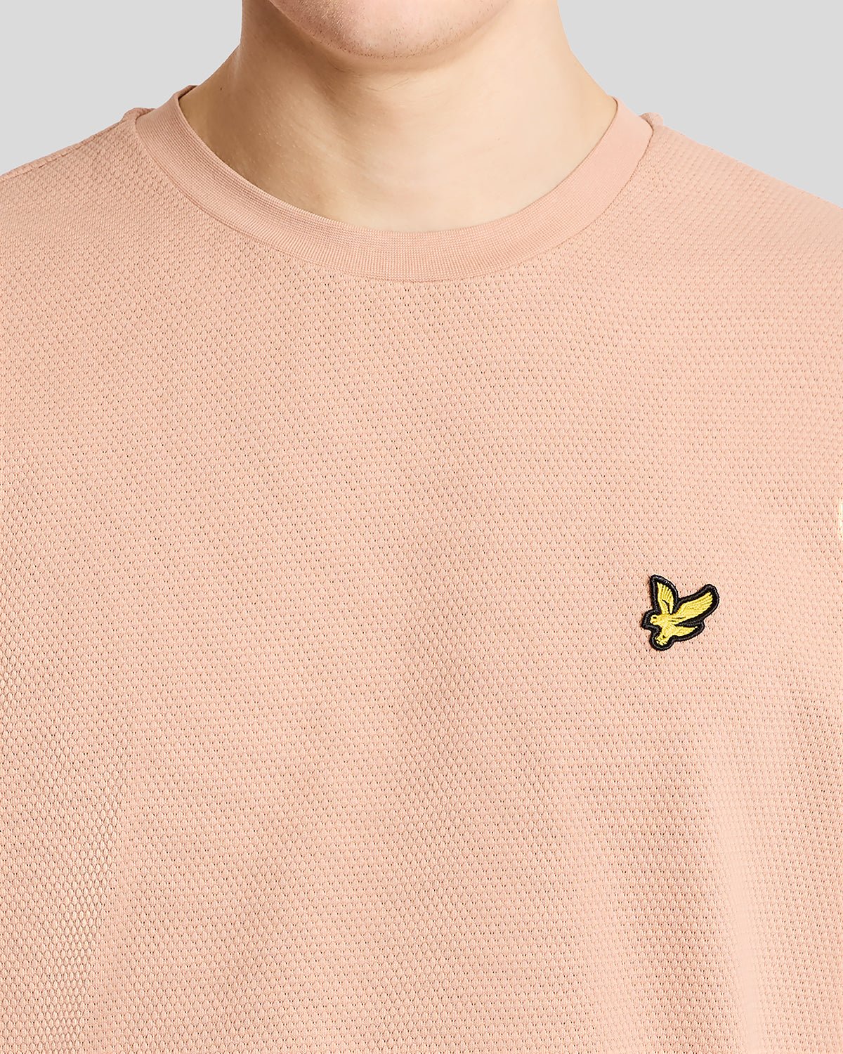 Un homme porte un t-shirt en jacquard texturé couleur orge