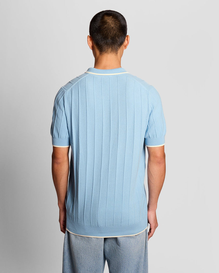 Homme portant un polo en maille piquée à rayures bleu craie