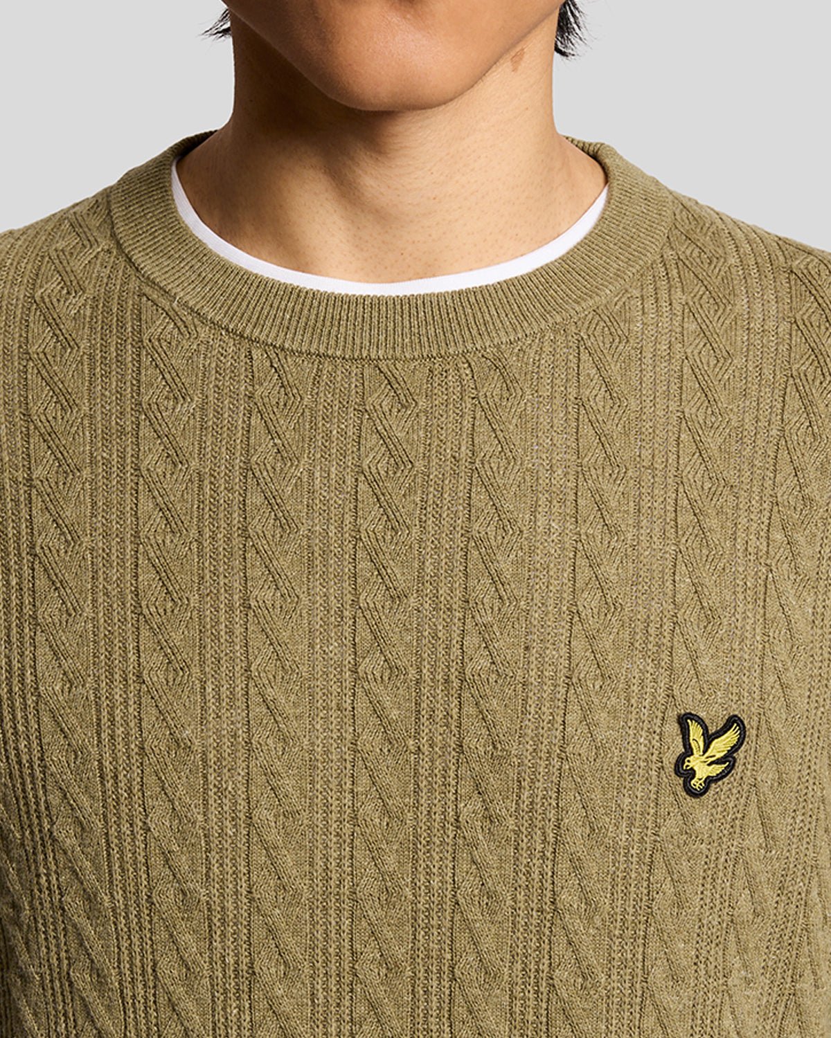 Pull à col rond côtelé en mélange de lin, couleur vert herbe chiné, pour homme