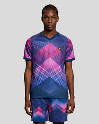 Man wears Sports Chevron Football T-Shirt in Navy Peony