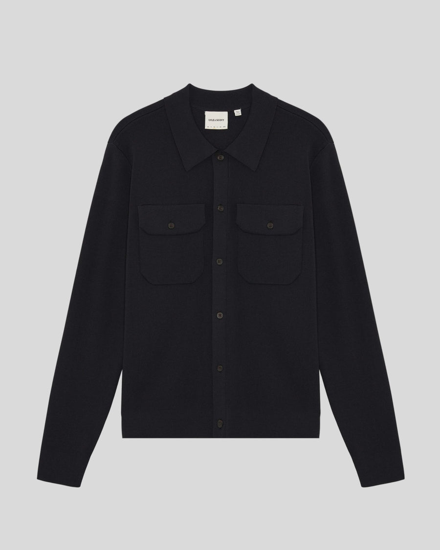 Man wears Utility Knit Overshirt in Lacquer
