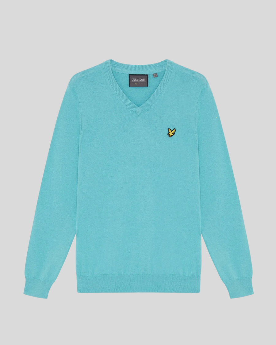 Uomo con maglione a V in misto cotone blu acquamarina