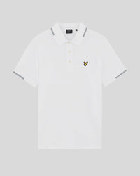 Man wears Fine Cotton Tipped Polo Shirt in White/Everglade