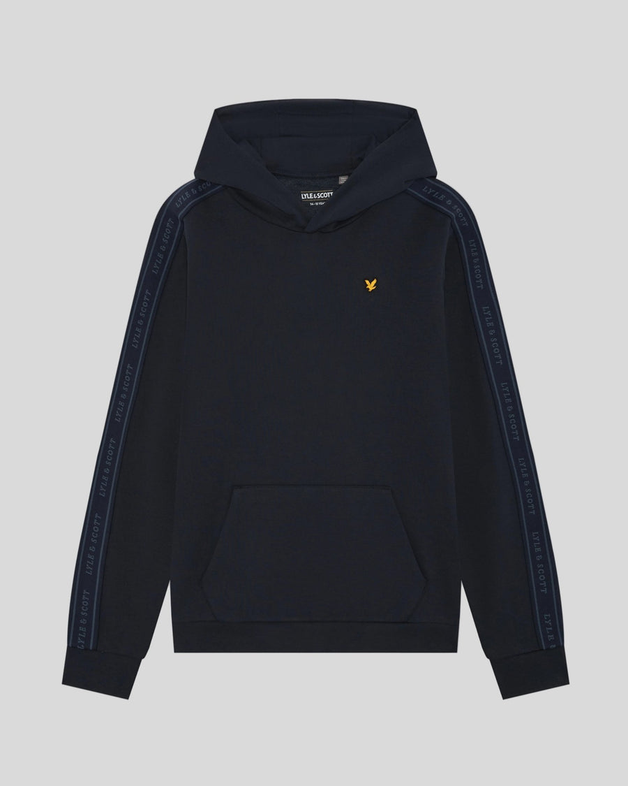 Boy wears Cotton Jacquard Tape Hoodie in Dark Navy
