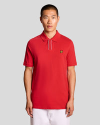Man wears Placket Tipped Polo Shirt in Cherry Red