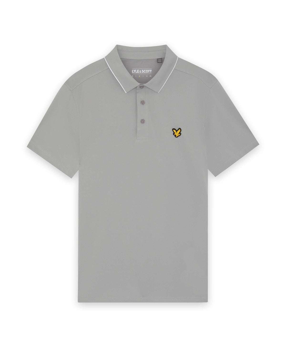 Un homme porte un polo à col contrasté de couleur « Ultimate Grey »