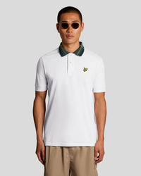 Man wears Tartan Collar Polo Shirt in White