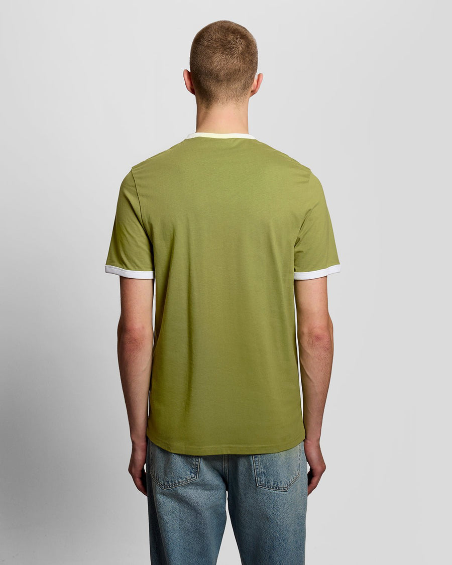Camiseta de algodón con cuello redondo y cuello en V para hombre en verde arbusto y blanco