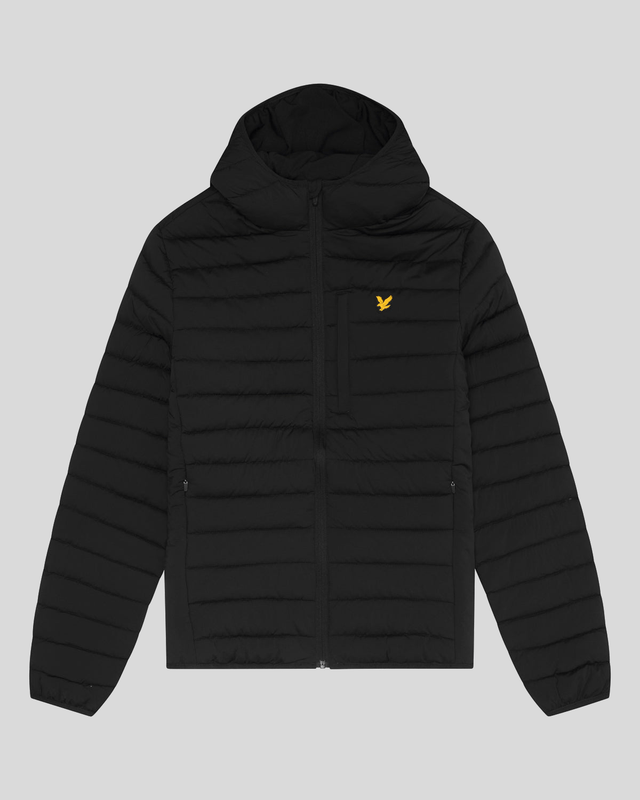Man wears Sports Water Resistant Puffer Jacket in Jet Black