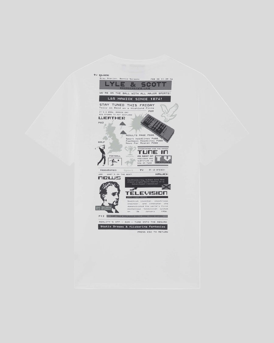 Man wears TV Pixel Back Graphic T-Shirt in White