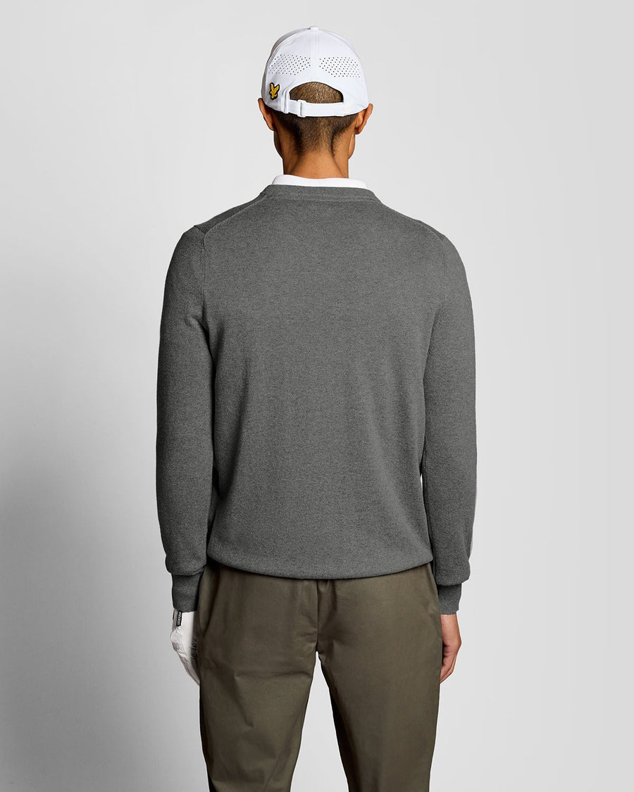 Pull à col en V en coton mélangé, gris chiné moyen, pour homme