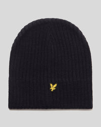 buy men's premium clothing fashion polos jackets -  Lyle & Scott Men's Knitted Ribbed Beanie in Dark Navy