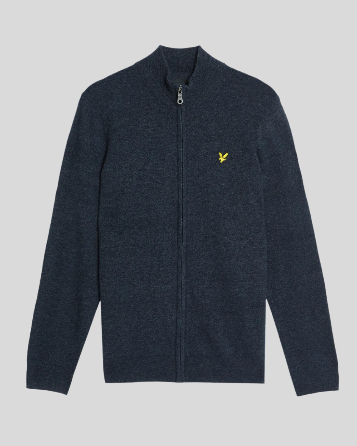 Homme portant un cardigan zippé en laine d'agneau mélangée, couleur bleu marine foncé chiné