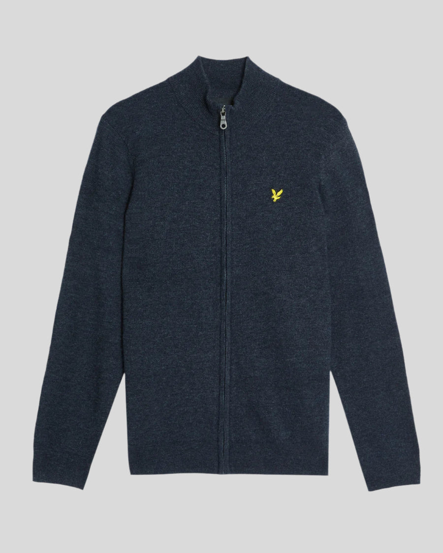 Homme portant un cardigan zippé en laine d'agneau mélangée, couleur bleu marine foncé chiné