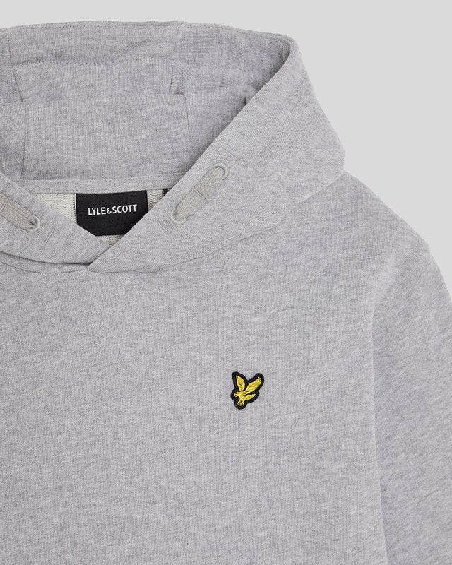 Boy wears Loopback Cotton Hoodie in Light Grey Marl
