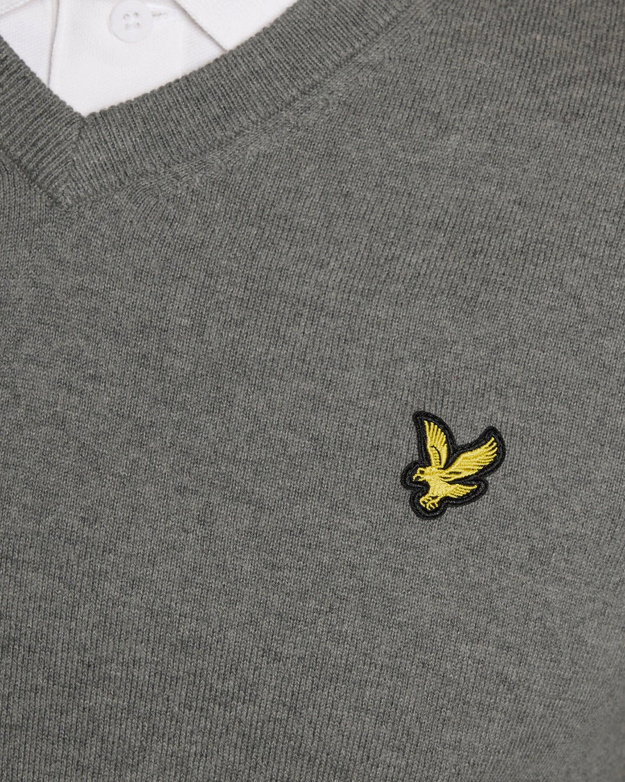 Pull à col en V en coton mélangé, gris chiné moyen, pour homme