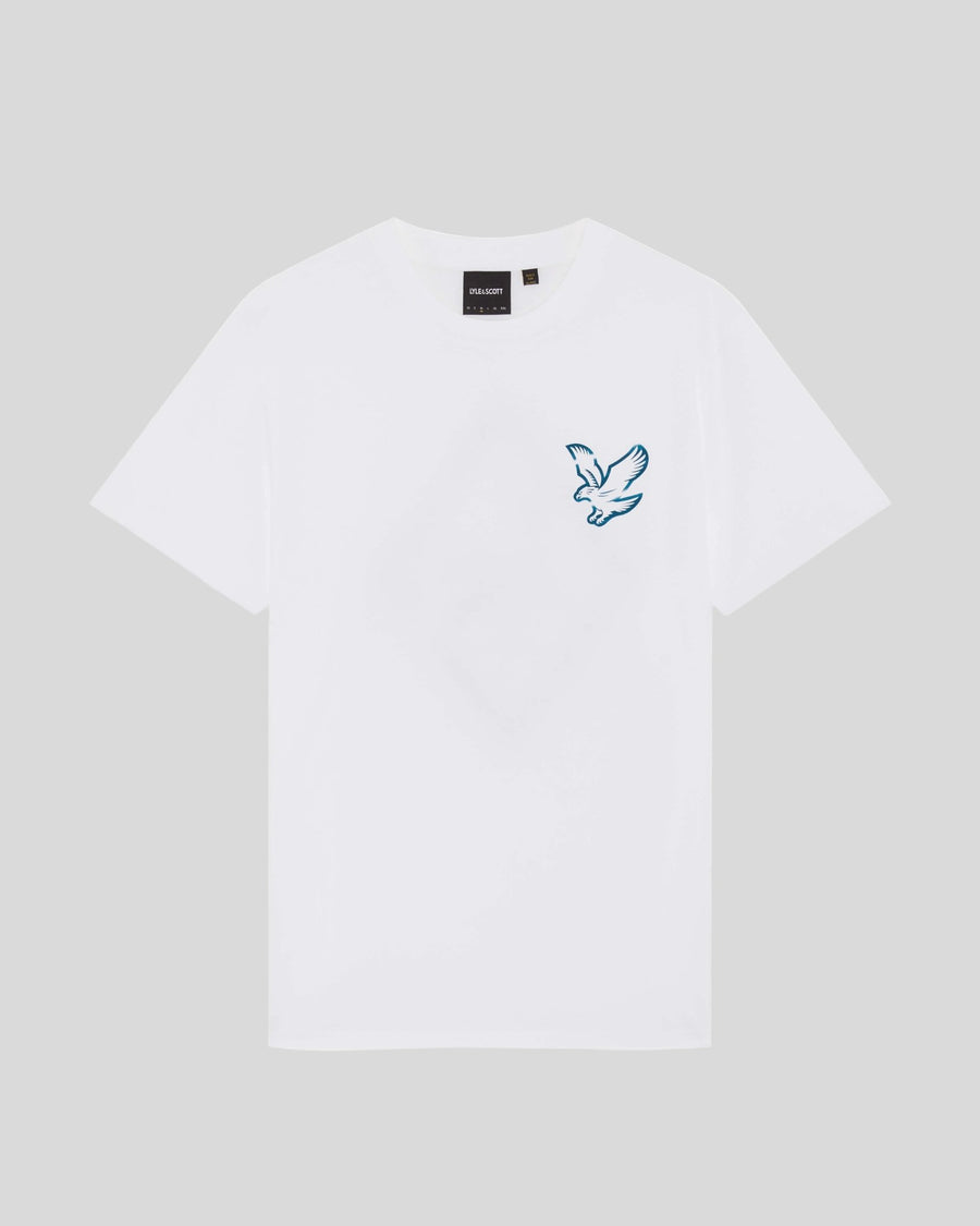Homme portant un t-shirt à imprimé graphique dans le dos, blanc/lagune