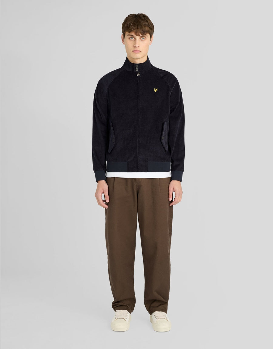 Man wears Corduroy Harrington Jacket in Dark Navy