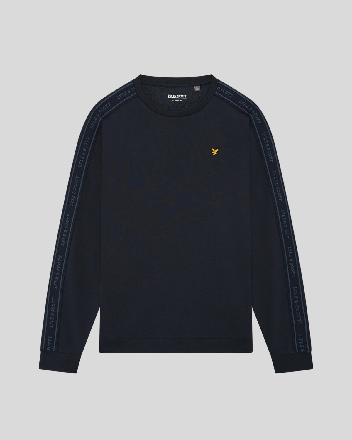 Boy wears Jacquard Tape Crew Neck Sweatshirt in Dark Navy