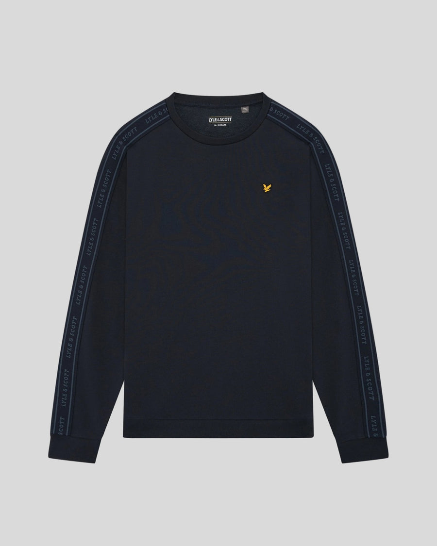 Boy wears Jacquard Tape Crew Neck Sweatshirt in Dark Navy